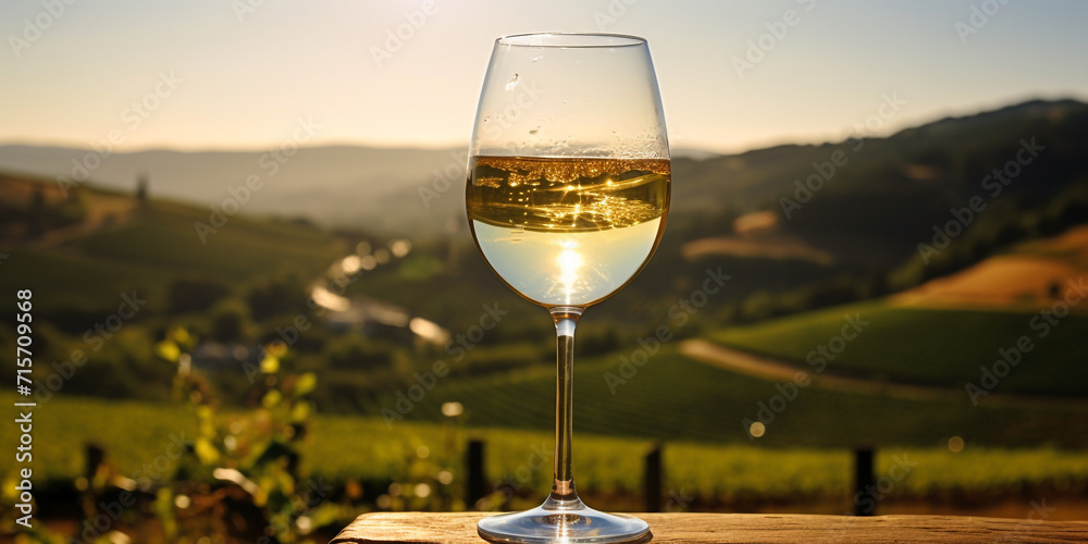 Obraz premium Wine glass with pouring white wine and vineyard landscape on a sunny day