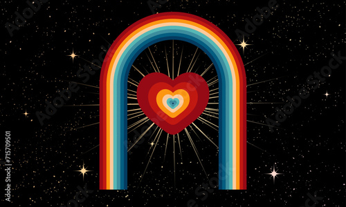 Vintage Striped heart rainbow arc psychedelic podium Backgrounds, Posters, Banner Samples, Retro Colors from the 1970s 1980s, 70s, 80s, 90s. retro vintage 70s