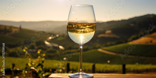 Wine glass with pouring white wine and vineyard landscape on a sunny day