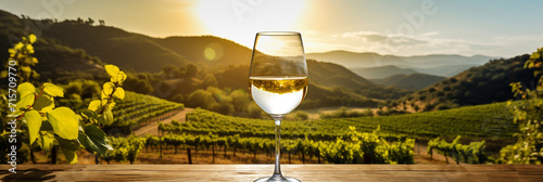 Wine glass with pouring white wine and vineyard landscape on a sunny day