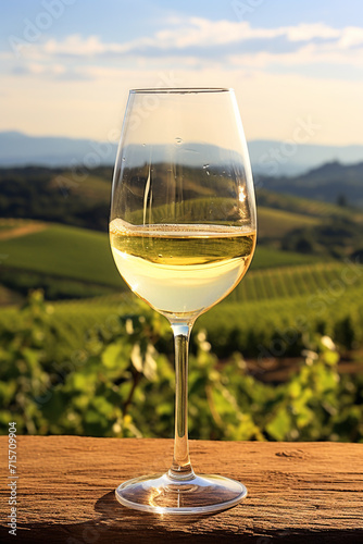 Wine glass with pouring white wine and vineyard landscape on a sunny day