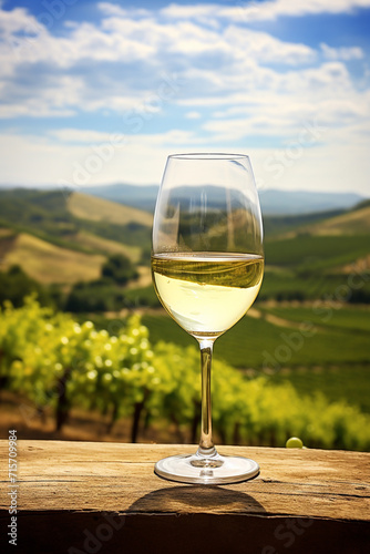 Wine glass with pouring white wine and vineyard landscape on a sunny day