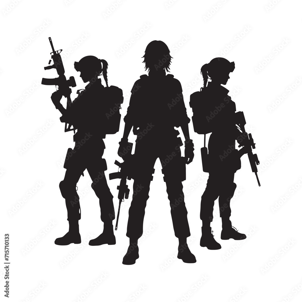 Tactical Choreography: Army Soldier Silhouette Ensemble Executing Military Movements with Precision - Military Illustration - Military Vector
