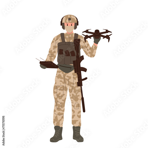 Military man soldier drone operator controlling unmanned aerial jet vehicle isolated on white