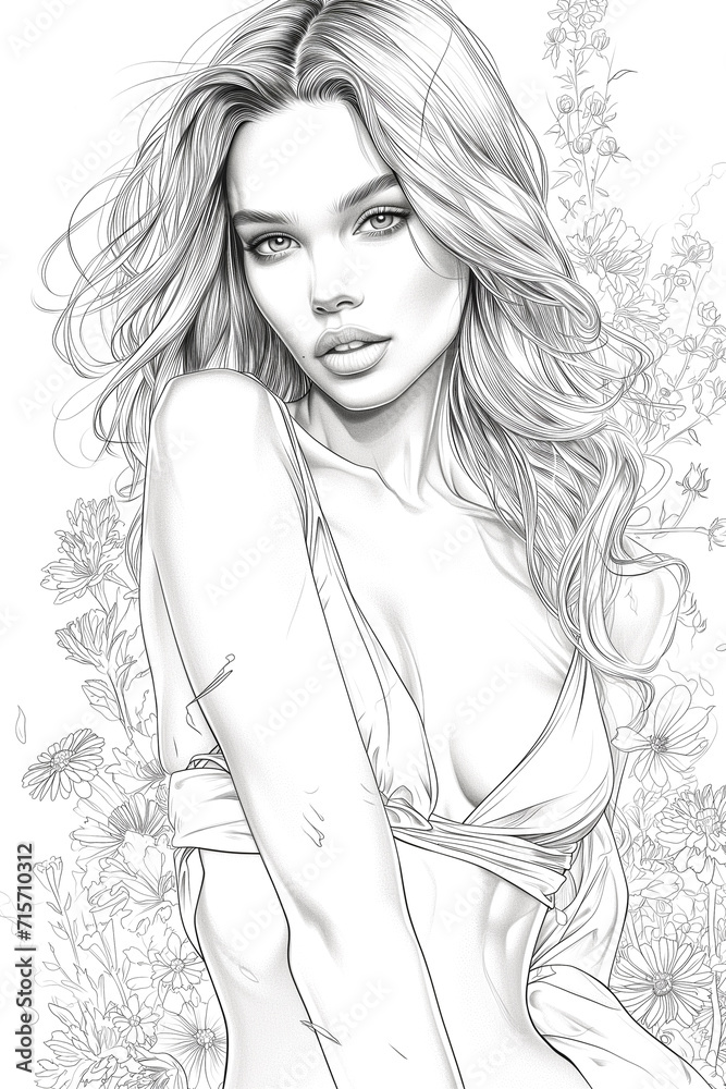 Chic Drawing Portrait Of A Beautiful, a woman with long hair in floral garden Chic Drawing Portrait Of A Beautiful, a woman with long hair in floral garden