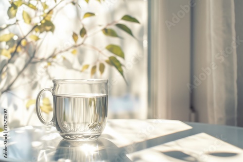 Spring Renewal: Glass of Clear Water on a Sunlit Table with a Fresh Green Leaves Background
