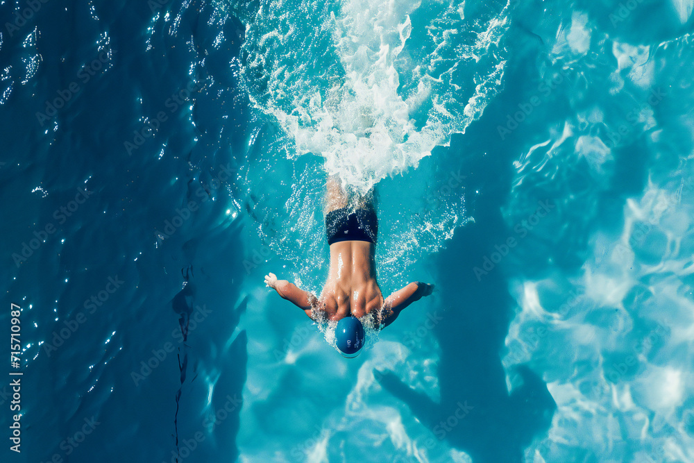athlete swimming in the pool, top view