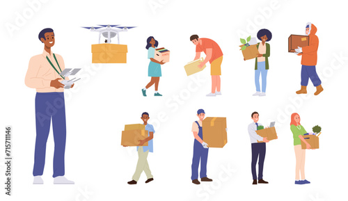 Diverse people cartoon characters holding, carrying, delivering various box isolated big set