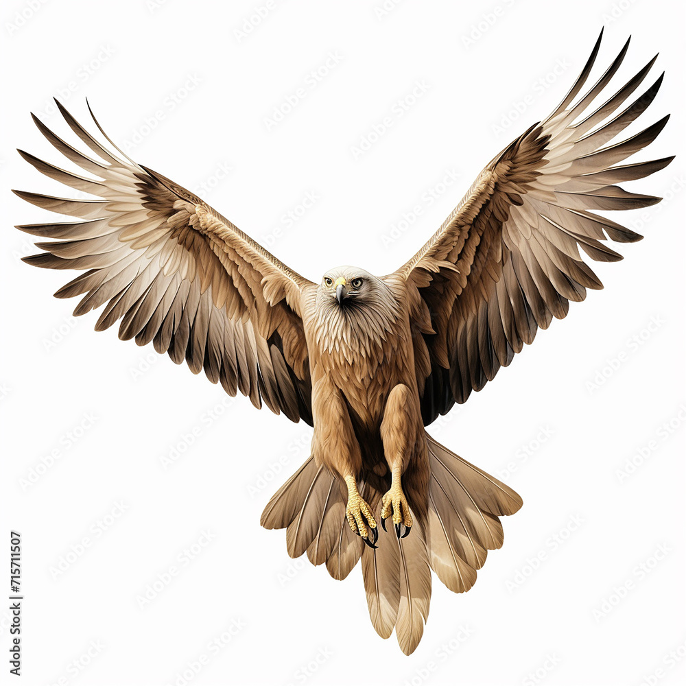Obraz premium A single Saudi Arabian Eagle is flying isolated on a white background in the top view