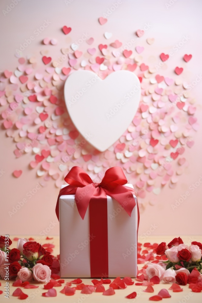 Minimalist Elegance with White Gift Box - Red Ribbon and Hearts on Pink Backdrop, Valentine's Day Concept