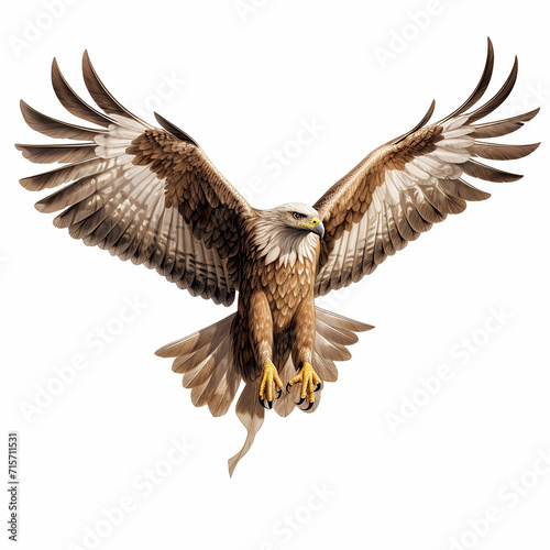 A single Saudi Arabian Eagle is flying isolated on a white background in the top view
