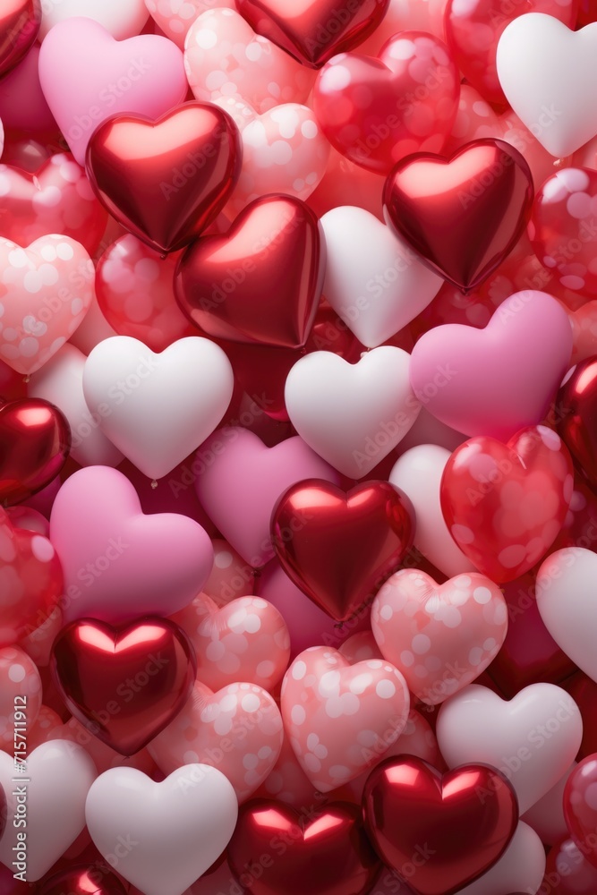 Tumbling Hearts in Red and White - Glossy Sheen on Pink Backdrop, Valentine's Day Concept