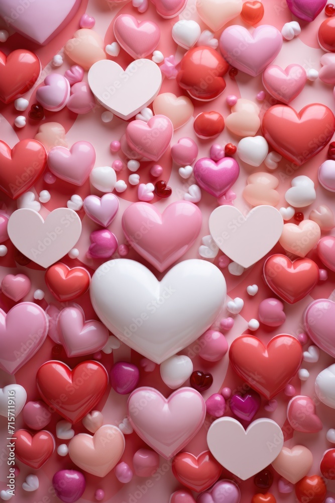 Tumbling Hearts in Red and White - Glossy Sheen on Pink Backdrop, Valentine's Day Concept Tumbling Hearts in Red and White - Glossy Sheen on Pink Backdrop, Valentine's Day Concept
