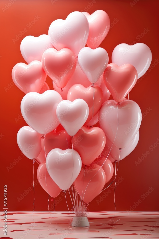 Tumbling Hearts in Red and White - Glossy Sheen on Pink Backdrop, Valentine's Day Concept