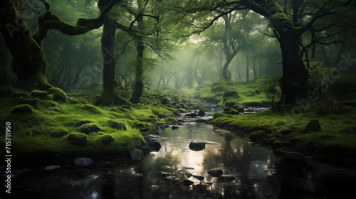 A Stream Runs Through a Misty Forest
