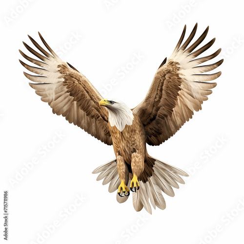 A single Saudi Arabian Eagle is flying isolated on a white background in the top view