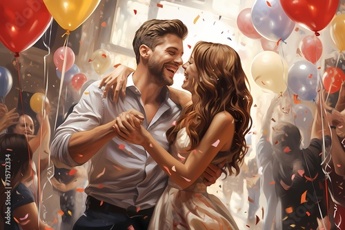 A joyful couple dancing together, surrounded by balloons and streamers, celebrating a birthday in style.