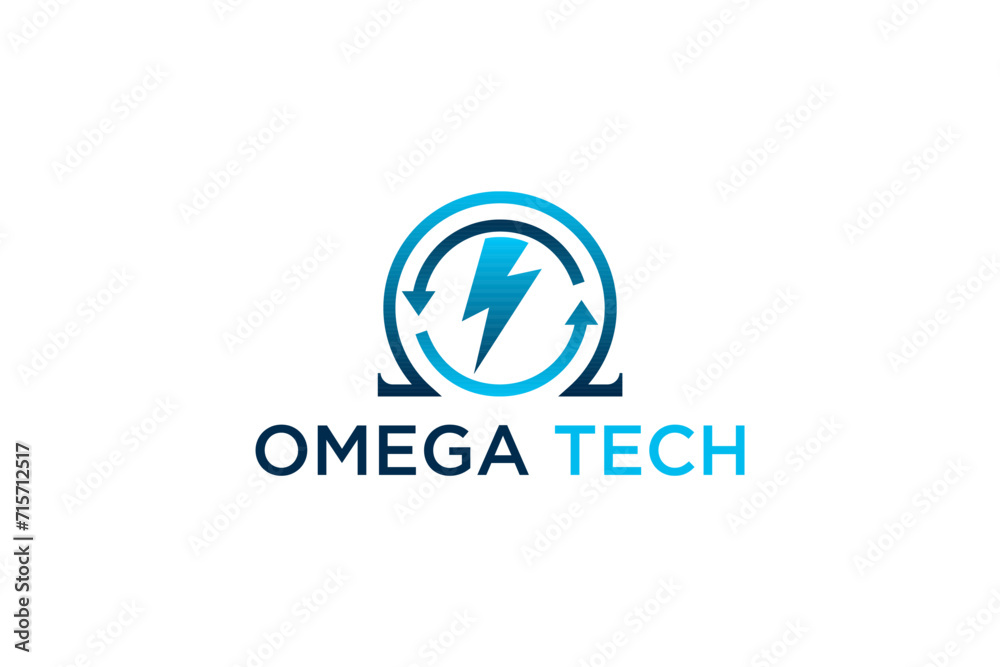 Omega symbol with electric lightning, modern electrical technology icon illustration. Omega symbol with electric lightning, modern electrical technology icon illustration.