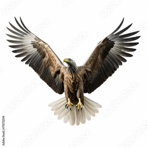 A single Saudi Arabian Eagle is flying isolated on a white background in the top view