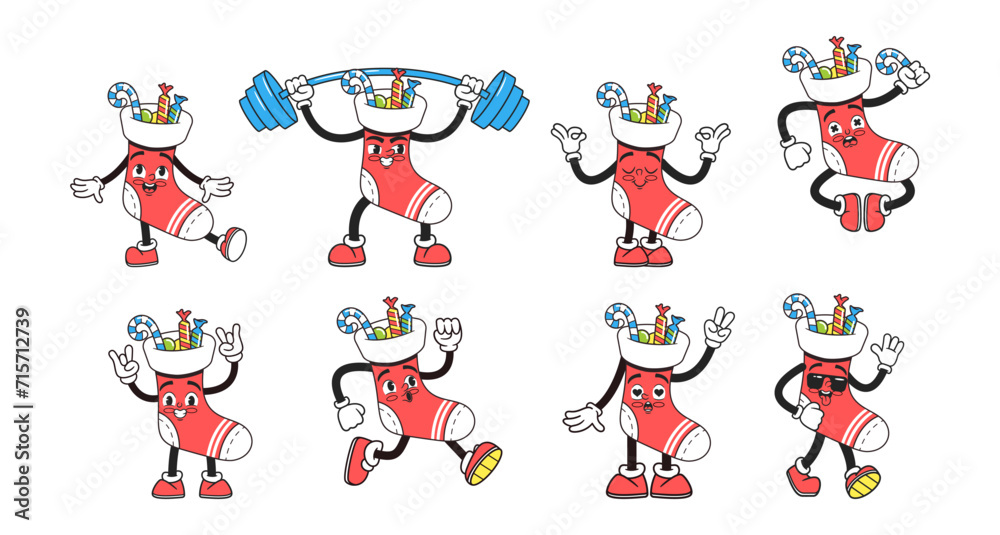 Groovy Christmas Socks Characters, Vibrant Animated Personages in Retro Style Dancing Exercise with Barbell