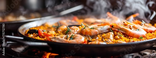 Traditional Spanish Paella - Authentic Culinary Delight with Minimalist Background, closeup view