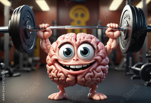 Human brain lifts a barbell in gym. Generative AI photo