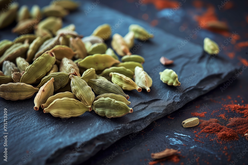 Green Cardamom Pods on Dark Slate with Red Spice Green Cardamom Pods on Dark Slate with Red Spice