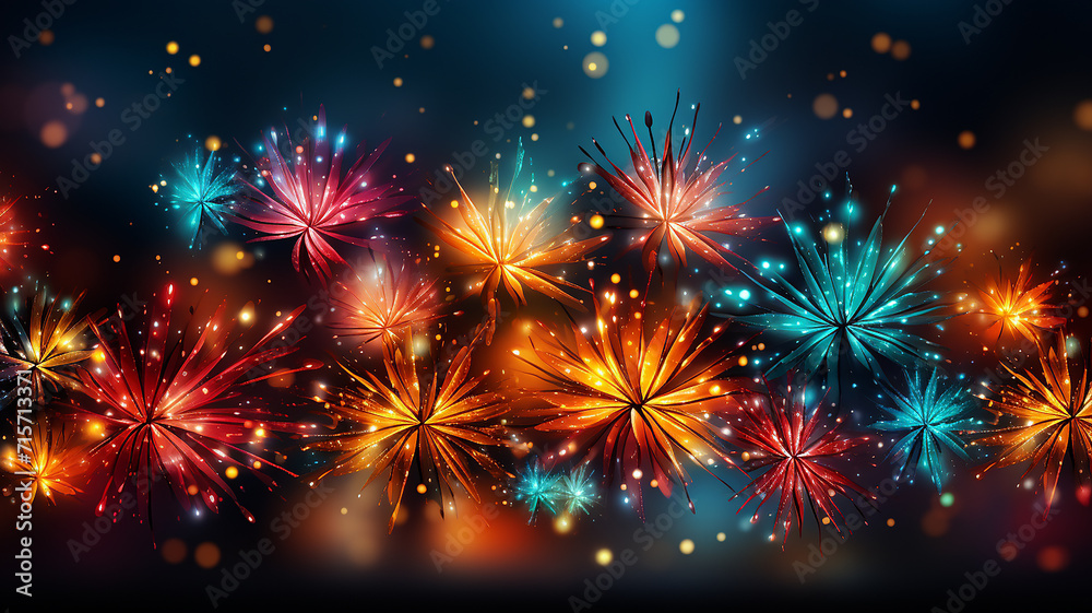 Realistic colorful fireworks on blue abstract background. Diwali is the festival of lights, BY AI.