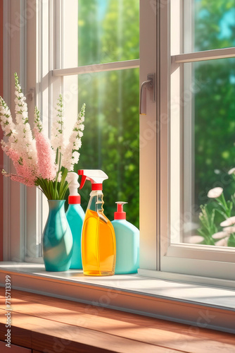 Different cleaning supplies over window background. photo