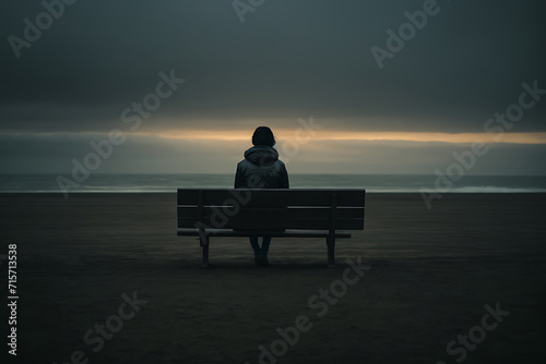 Person Sitting on Bench, Looking Out at the Ocean. Generative AI.
