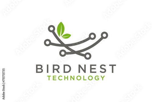 The nest illustration logo with a technology theme, depicting twigs and circuit board lines.