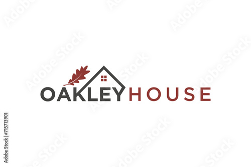 Home house design logo with oak leaf elements, real estate business property