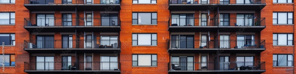 American Apartment Living: A Detailed Look at a Brick Facade with Balconies and Parking