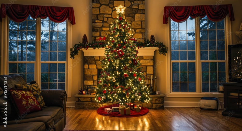 Cozy Christmas: Festive Living Room with Decorated Tree and Warm Lighting