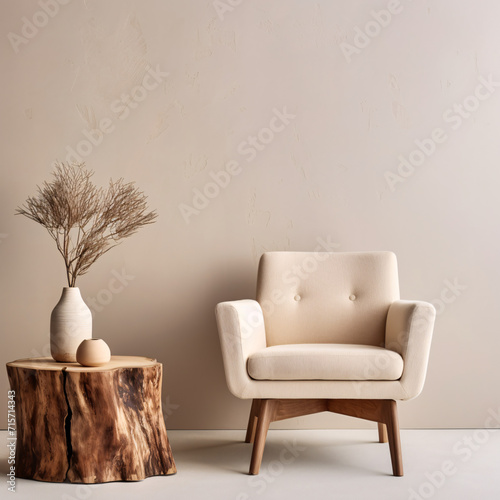 Stylish Fabric lounge chair and wood stump side table room interior near light wall  Rustic minimalist home interior design of modern living room. 