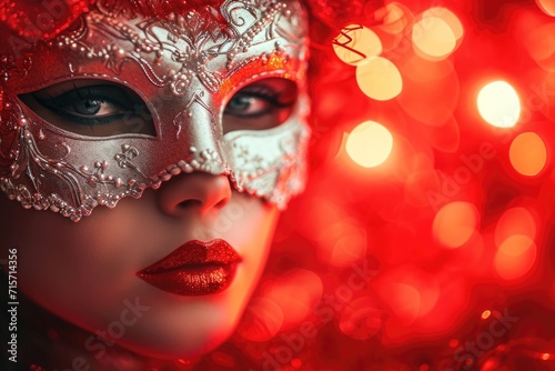 Enigmatic Elegance: Woman in Carnival Mask Amid Glowing Red Background © AIGen