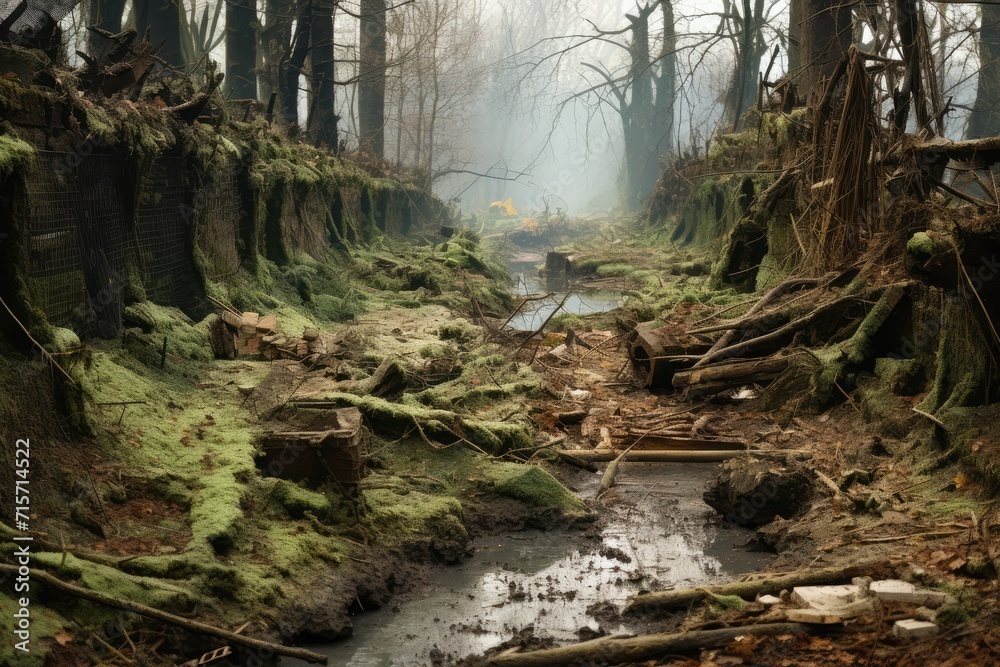 Fototapeta premium Creative banner man and nature. Polluted damaged forest. Influence and damage. Human impact on environment. leaves fly around the tree and black silhouette of adult.