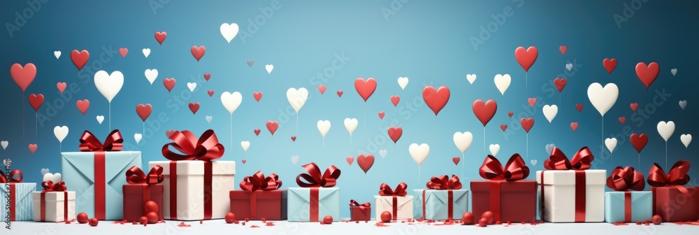 White Gift Boxes with Red Ribbons - Linear Arrangement on Soft Blue, Valentine's Day Concept