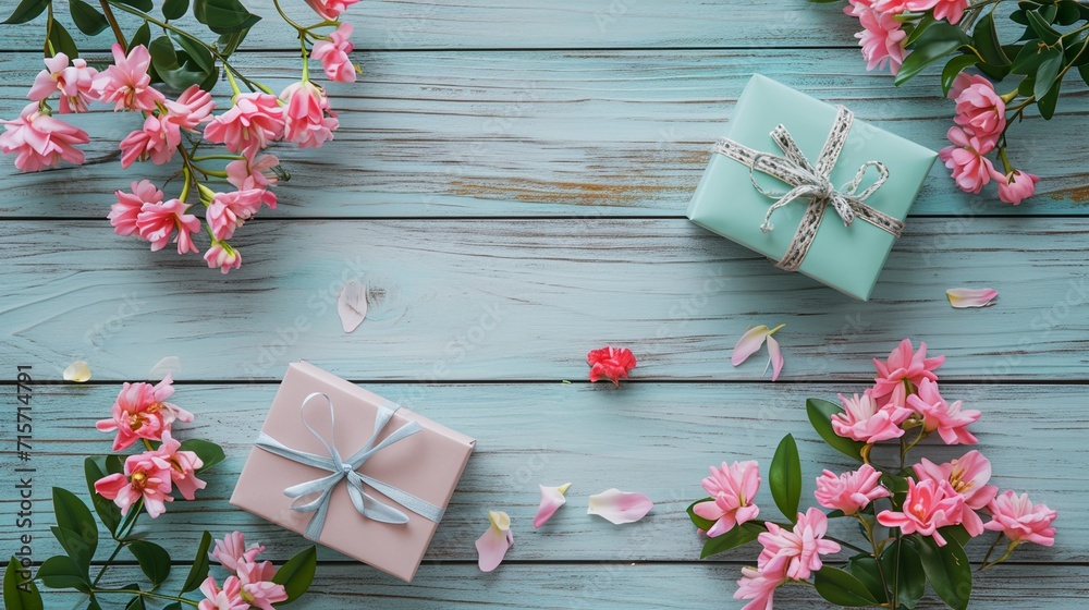 wrapped gifts with flowers on a wooden background