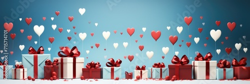 White Gift Boxes with Red Ribbons - Linear Arrangement on Soft Blue, Valentine's Day Concept © Ivy
