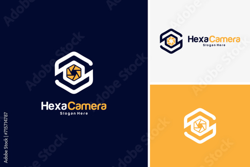 Vector creative hexagon camera lens photo technology pixel logo design template