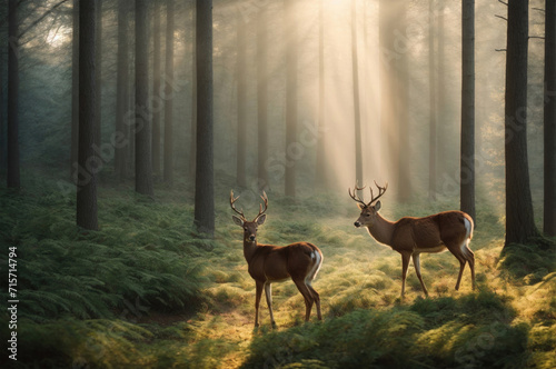 Tranquil forest at dawn, a family of deer grazing peacefully in the background