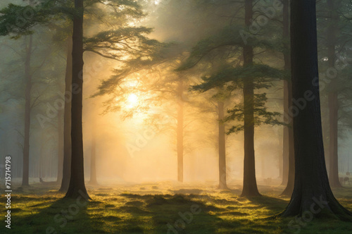 A Serene tranquil forest at dawn, with light filtering through the trees © silent312