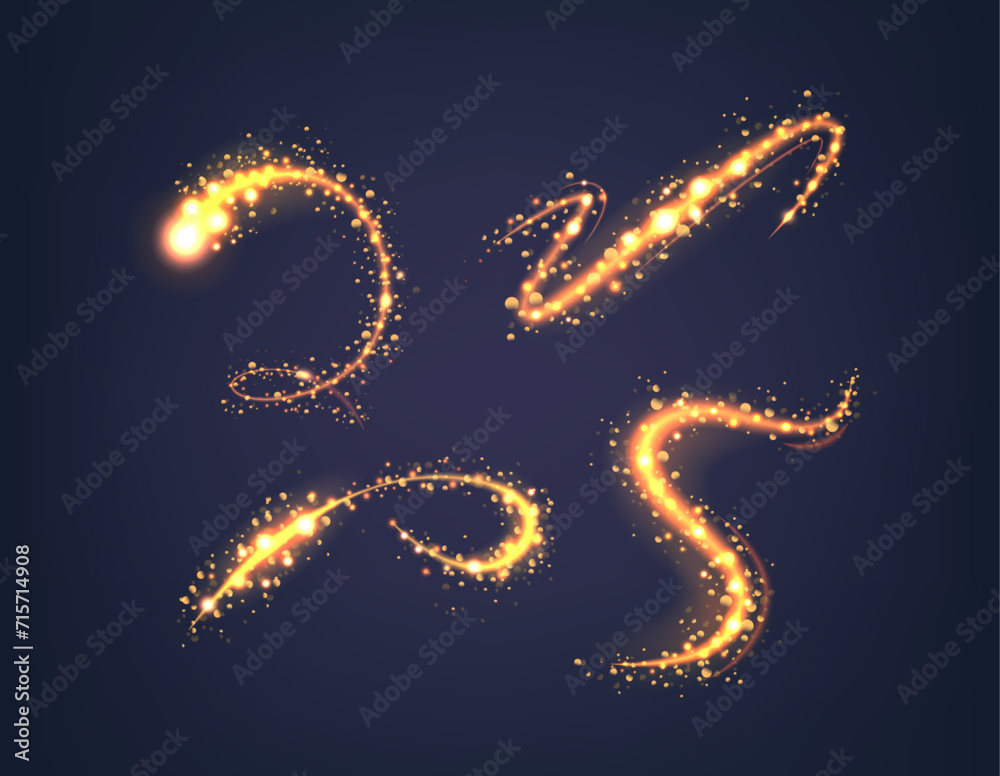 Fototapeta premium Sparkling Light Waves, Stardust or Magic Trails Graphic Design Luminous Elements Vector Set, Brilliant Dynamic Energy