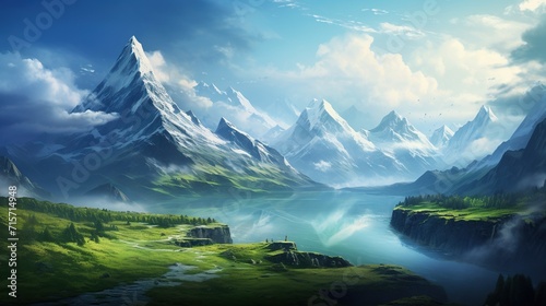 Amazing mountain with charming snowy peaks overlooking a stunning view concept. Created with Generative AI