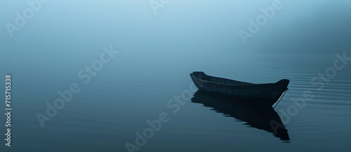 A lone canoe floats on a still, mist-covered lake in the serene pre-dawn light, embodying tranquil solitude © Ai Studio