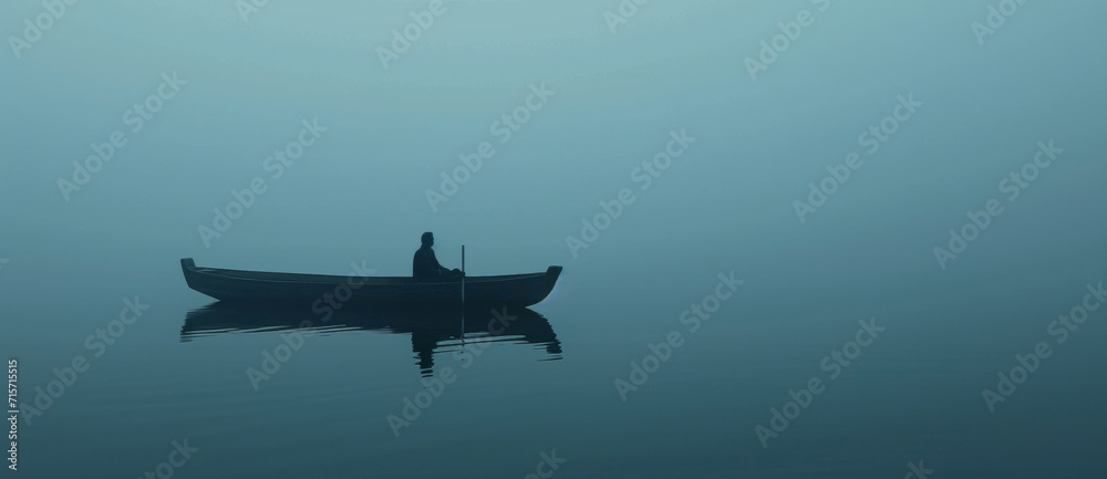 A solitary figure pauses in a boat on a misty lake, enveloped by a hushed, blue stillness A solitary figure pauses in a boat on a misty lake, enveloped by a hushed, blue stillness