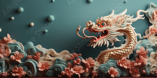 Wallpaper Mural Banner with chinese dragon and elements over teal background with copy space. Shallow depth of field.  Torontodigital.ca