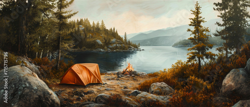 An idyllic camping spot by a serene lake at dawn, with a warm tent and crackling campfire inviting adventure