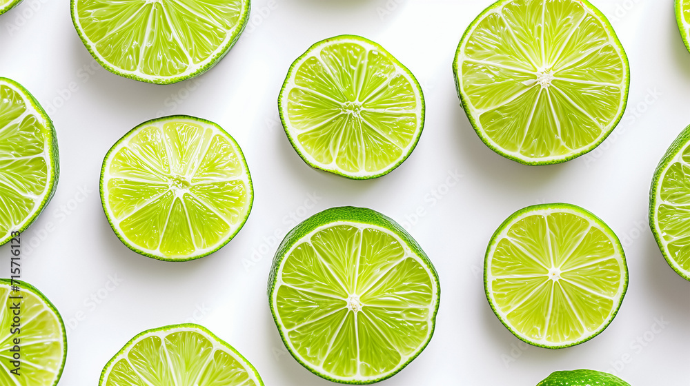 Multiple slices of fresh limes arranged randomly on a white background. Each slice reveals the intricate details of the juicy interior and the vibrant green color. 